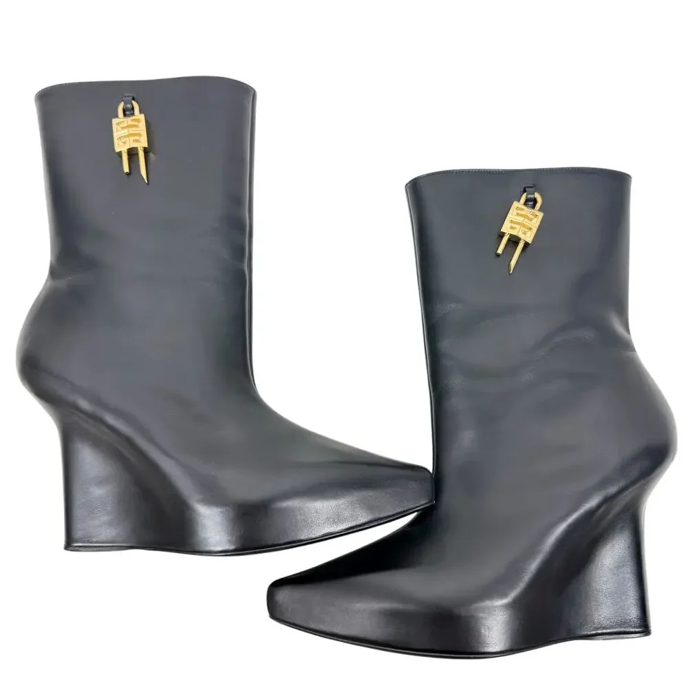 Givenchy G Lock Hidden Wedge Leather Ankle Boots Black Size 39.5